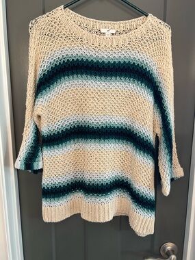 J. Jill Cream Open-Knit Sweater with Teal and Navy Stripes